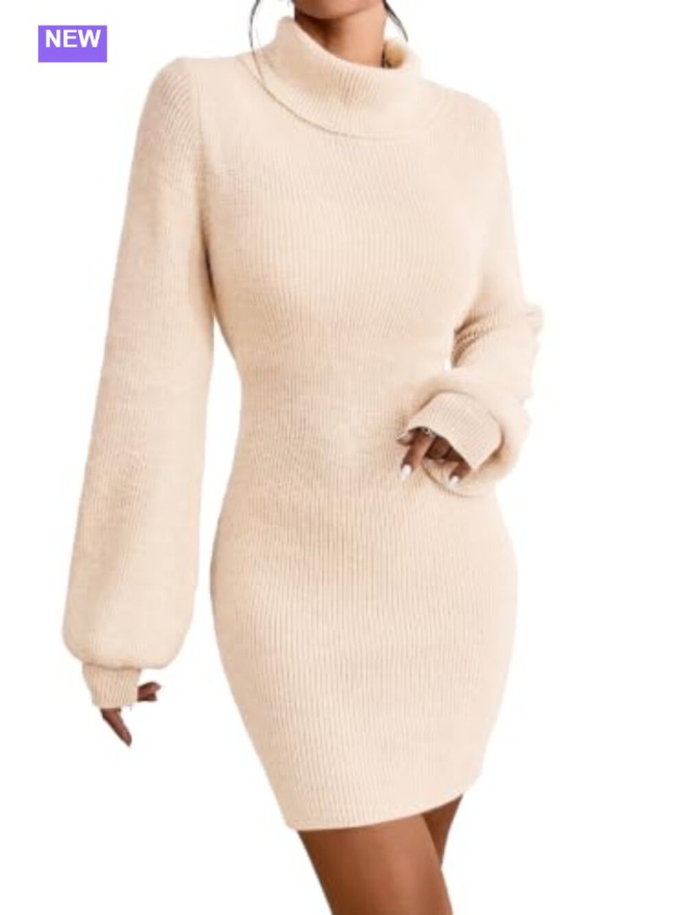 Turtleneck Sweater Dress Women Knit Bodycon Mini Lantern Sleeve Pullover